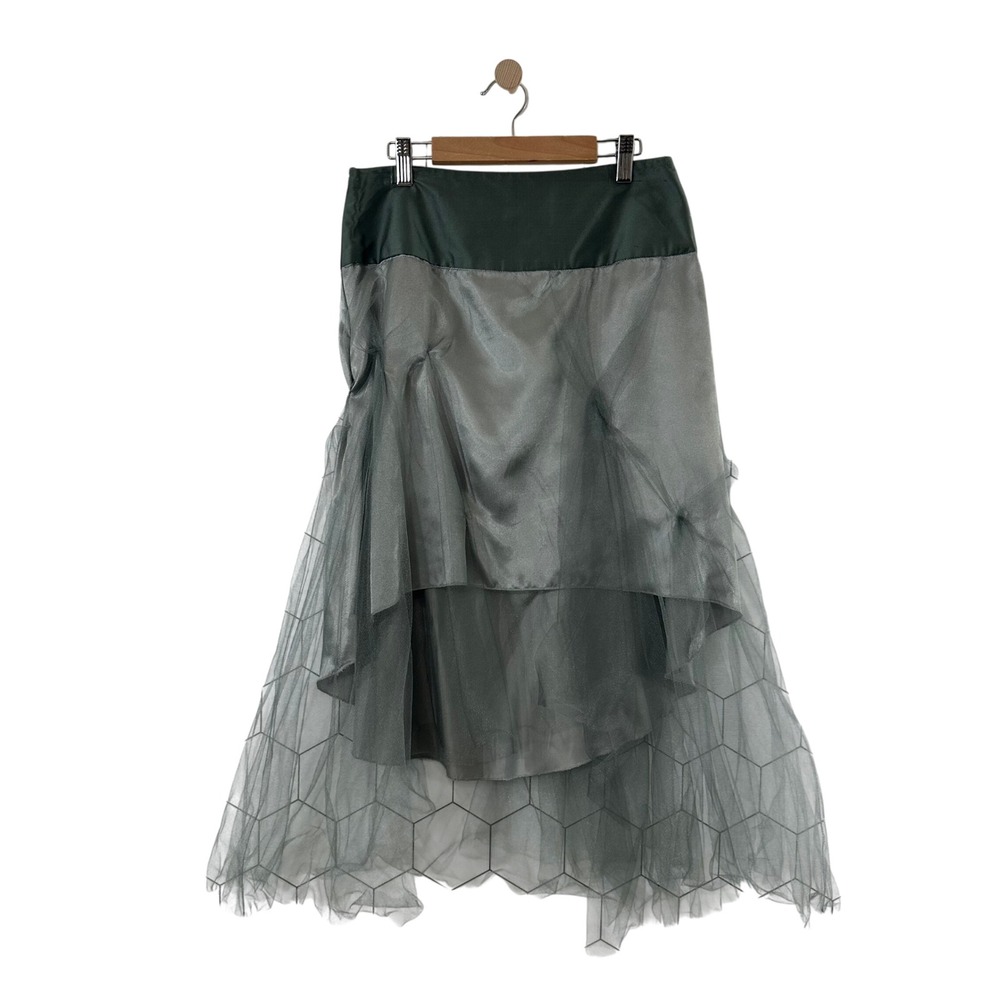 Joy Li Womens XS Sage Green Tulle Overlay Hexagon Mesh Midi Skirt‎ Made in USA